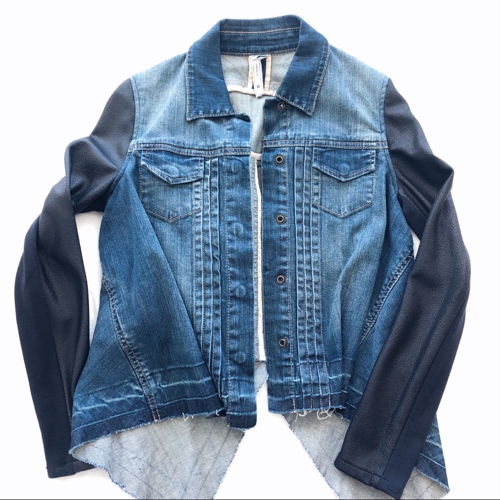 BCBGMaxazria Jean Jacket w/ Vegan Leather Sleeves